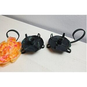 Vintage Wrought Iron Chamberstick Candle Holders Verdigris Patina Set of 2